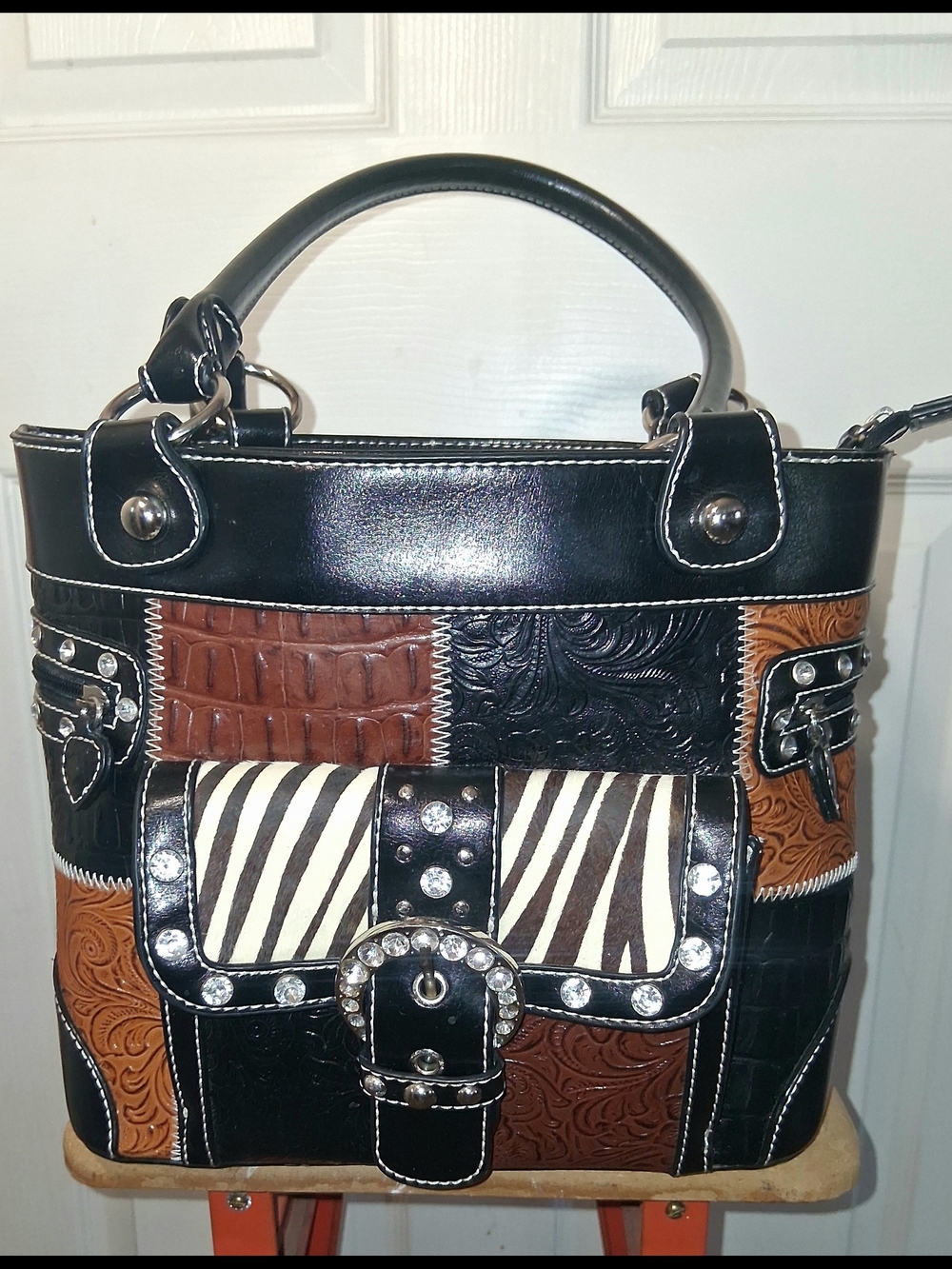 Y2K Western Patchwork Shoulder Bag Zebra Croc Textured Bling Buckle Purse Medium